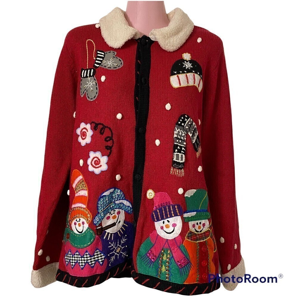 Theme Works by KIKIT Christmas Sweater Medium Snowmen Snowman Mittens Red